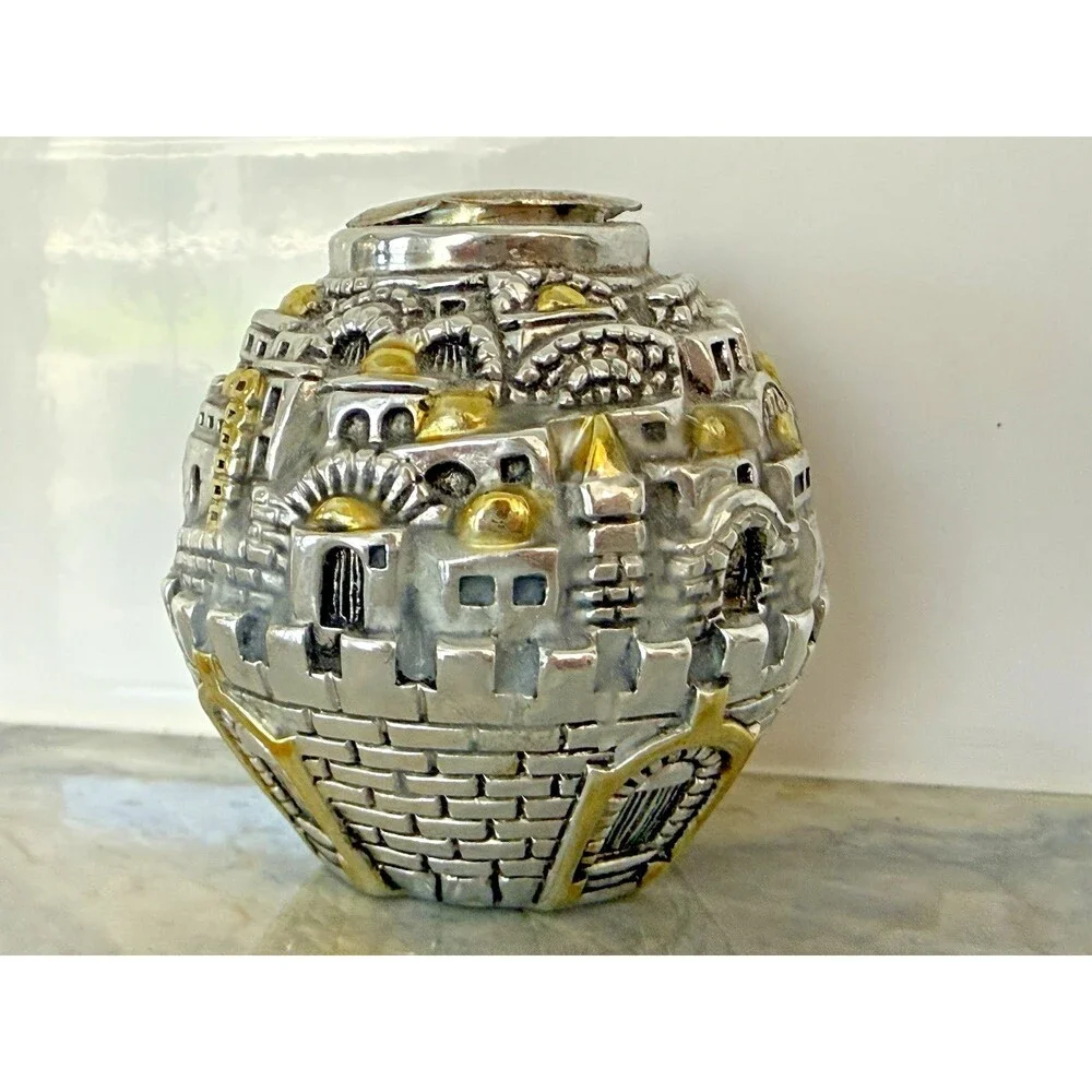 Vintage 925‎ Sterling Silver Gold Plated Jerusalem Cityscape Candlestick Holder